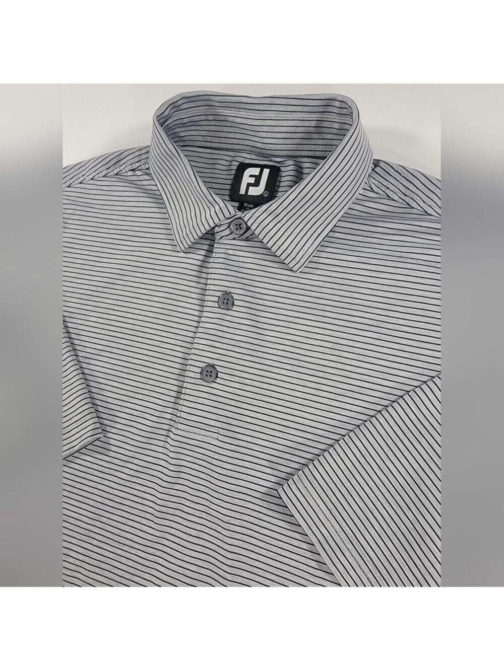 FootJoy FJ Gray Black Striped Golf Polo Shirt Performance Men's Large No Logos